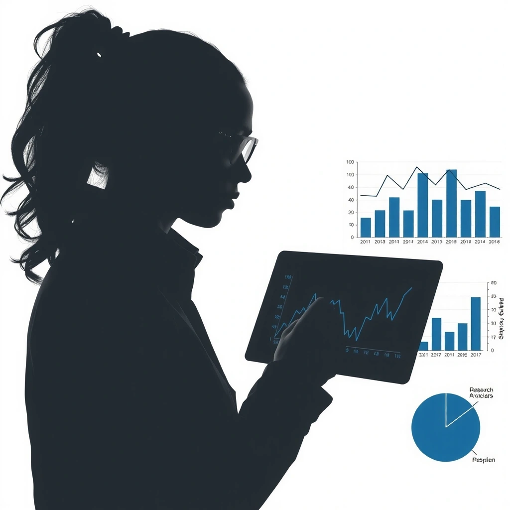 Sylwetka osoby analizującej dane na wykresach, symbolizująca specjalistę ds. badań
