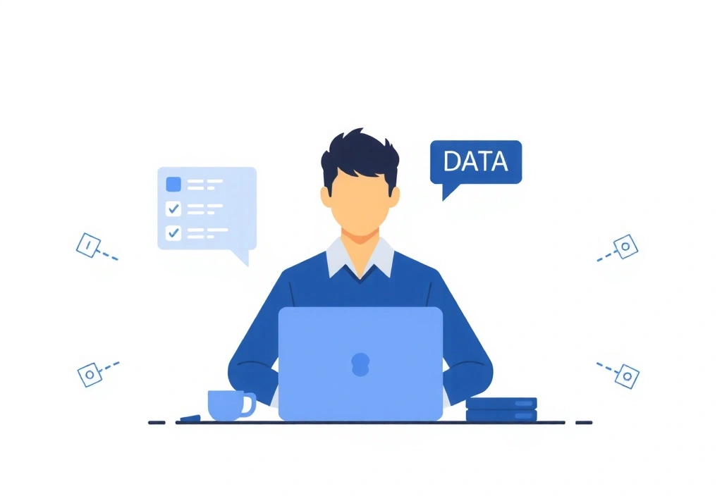 Ilustracja osoby zarządzającej danymi, przedstawiająca administratora dbającego o bezpieczeństwo informacji.