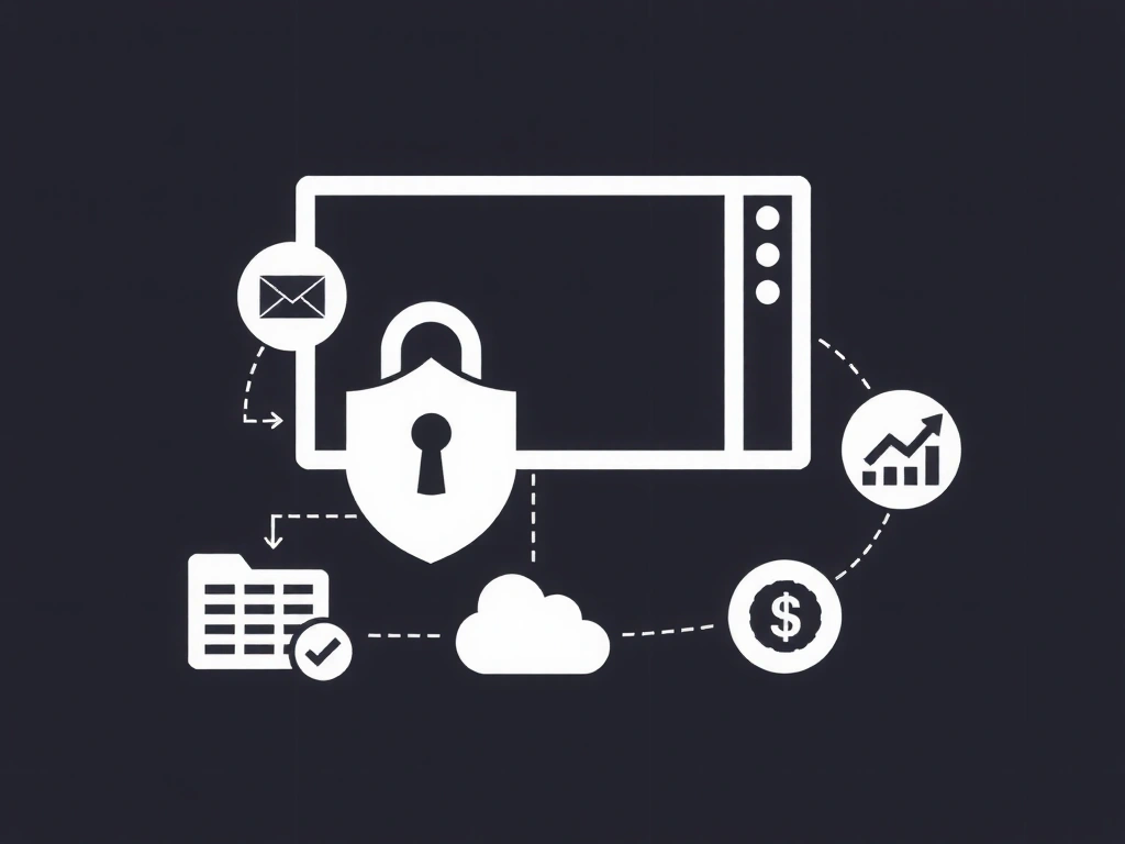 Grafika przedstawiająca proces przetwarzania danych, z ikonami bezpieczeństwa i analizy.
