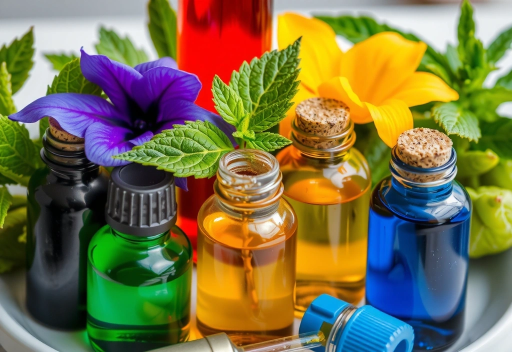 Różnorodne ekstrakty roślinne w szklanych buteleczkach